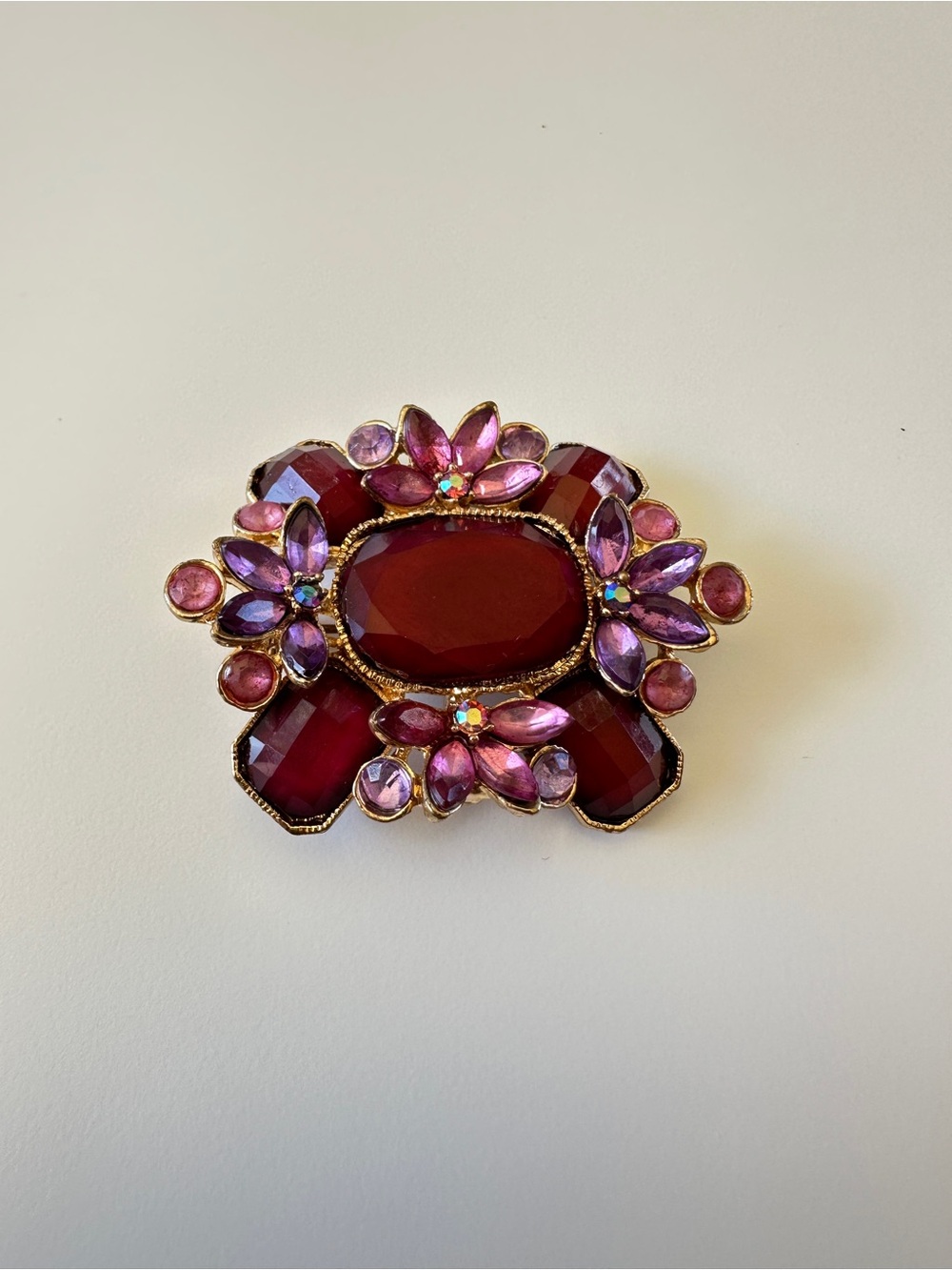 Vintage-Inspired Floral Red & Purple Crystal Brooch